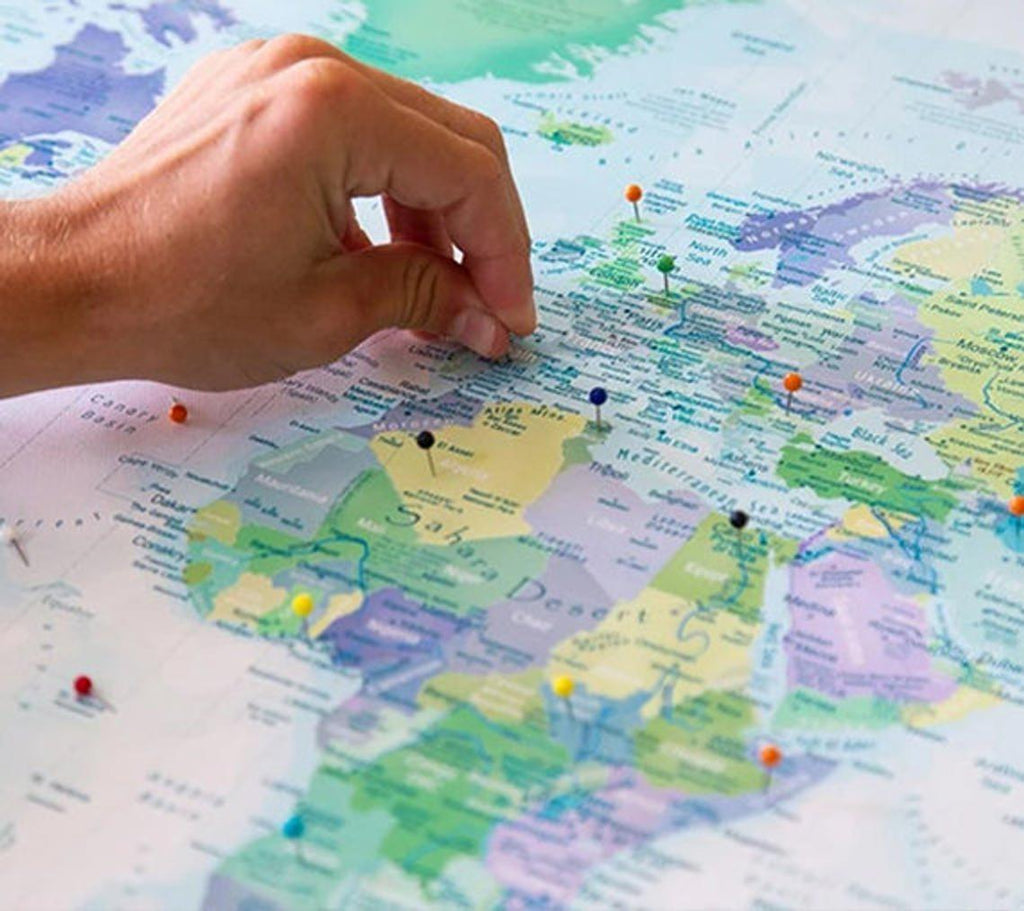 Blue  - World Map canvas frame with multi color push pin and personalized name and text image 3